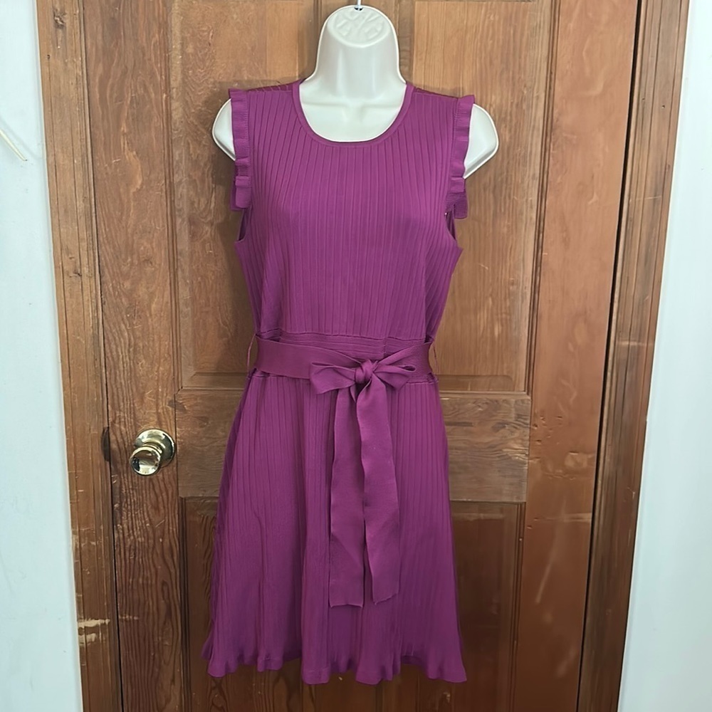 PARKER Renata sleeveless fit nflare knit belted mini dress Deep Plum Size Medium